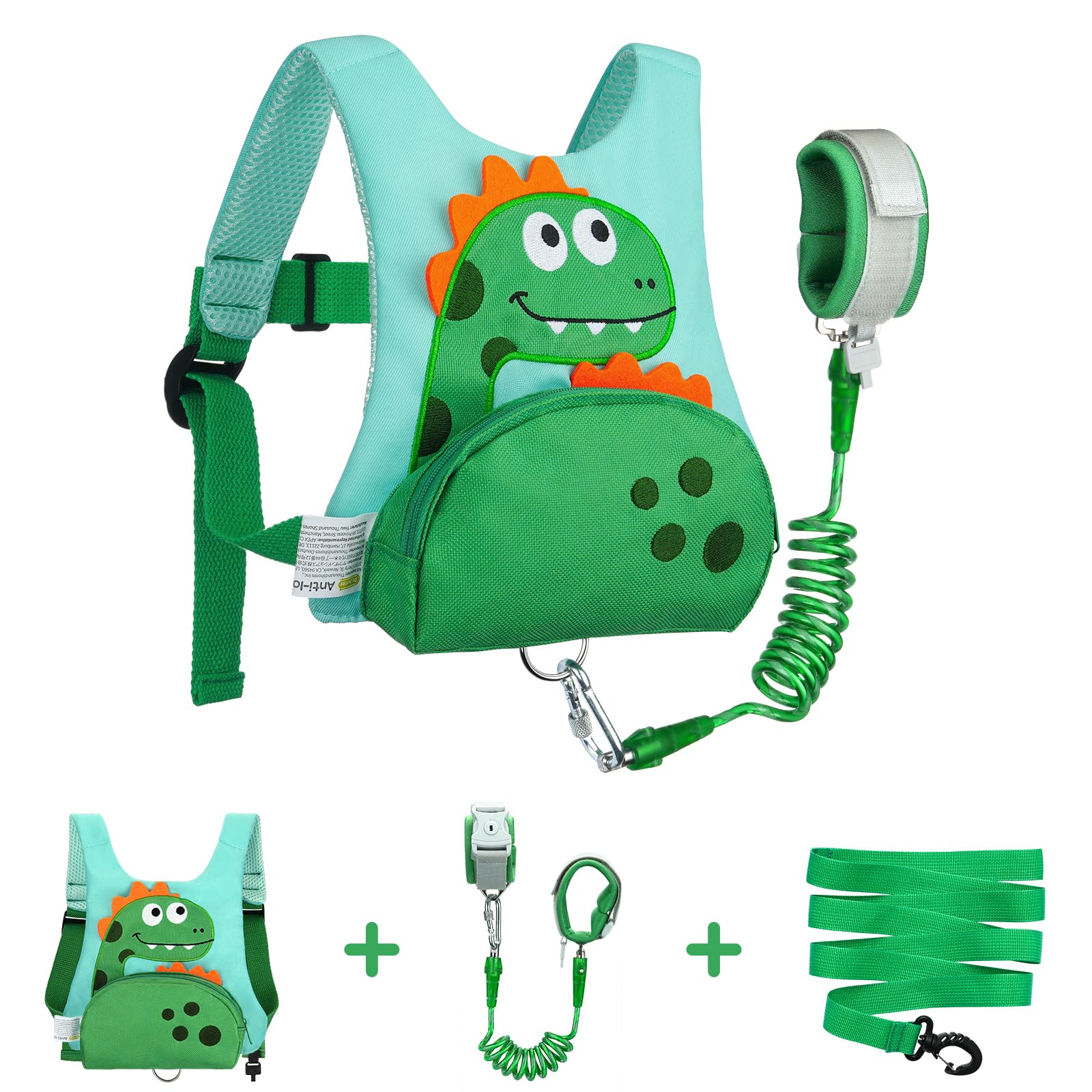 Dr.meter Zaino Bambini Antismarrimento 3 in 1 Pettorina 1.2M 360° Braccialetti Chiave Sicurezza Dinosauro 1-5 Anni