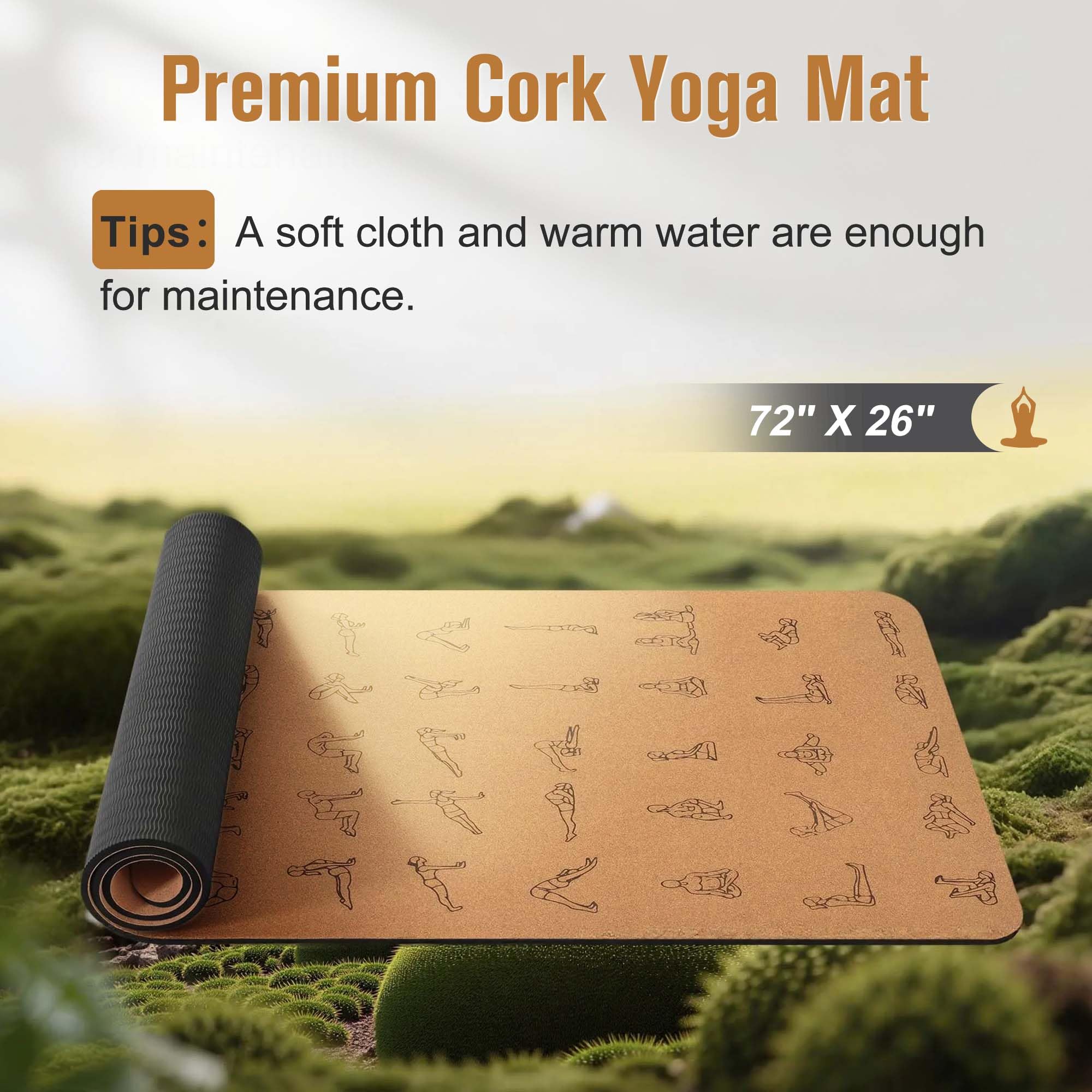 Tapete de yoga de corcho de alta calidad de 1/4 y 2/5 pulgadas de grosor, 72 x 26 pulgadas, corcho grueso y TPE, antideslizante, para mujeres y hombres, a prueba de sudor, ecológico, ideal para yoga