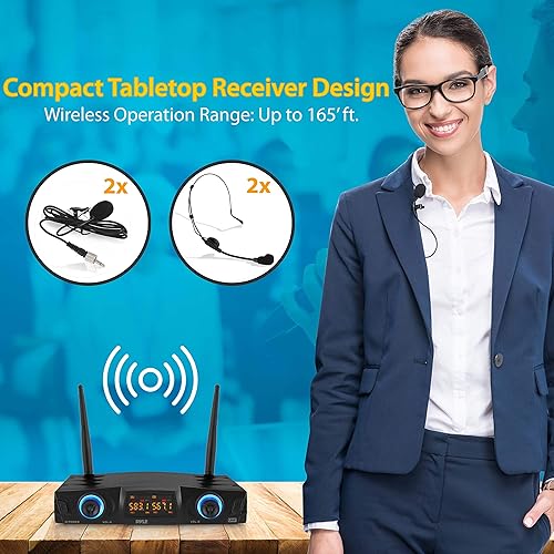 Miniatura 2 de Pyle Sistema de micrófono inalámbrico UHF compacto Pro portátil de doble canal de escritorio digital con 2 transmisores de cinturón, receptor, 2