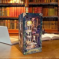 Vista 4 de Kit de rincón de libros de bricolaje, decoración de estantería de libro de casa de muñecas, rompecabezas de madera 3D con cubierta LED para polvo