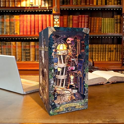 Miniatura 4 de Kit de rincón de libros de bricolaje, decoración de estantería de libro de casa de muñecas, rompecabezas de madera 3D con cubierta LED para polvo