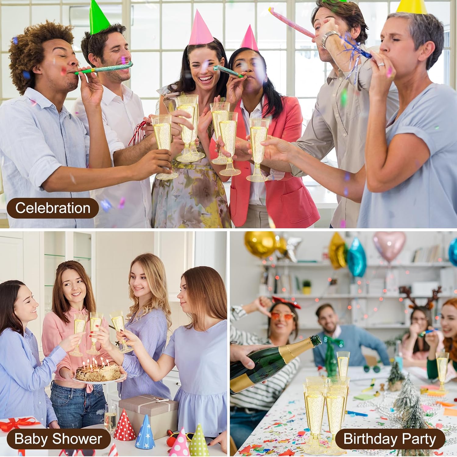 CHENGU 150 Pcs Plastic Champagne Flutes Bulk 5 Oz Toasting Flutes Wine Glasses Disposable Champagne Glasses Reusable Cocktail Cups for Wedding Celebration Party Toasting Drinking (Glitter Gold)