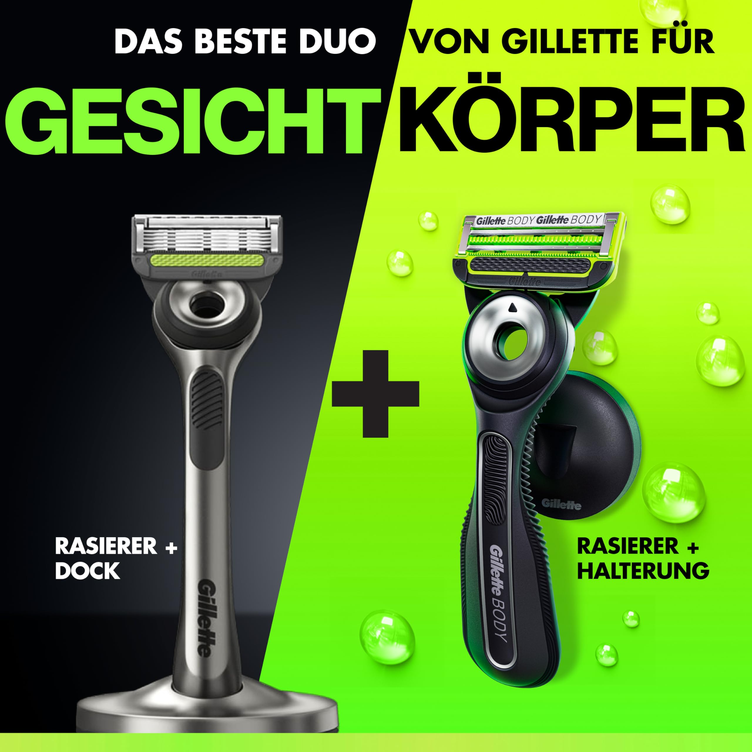 Gillette Labs Rasierer Herren für Gesichts Und Körper, Duo Pack, Schwarz/Grün - Inkl. 1 Handstück, Dock Und 1 Rasierklingen Plus GilletteLabs Body + Intimate Rasierer mit Duschhalterung Und 1 Klinge