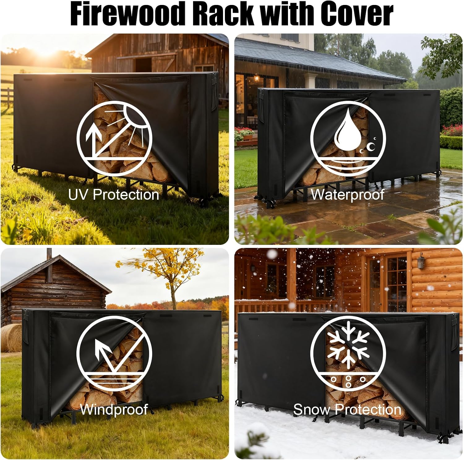 Outvita 8ft Outdoor Firewood Rack with Cover, Heavy Duty Firewood Holder & 600D Oxford Waterproof Cover, Indoor/Outdoor Log Storage Rack, Metal Wood Pile Storage Organizer for Fireplace, Patio