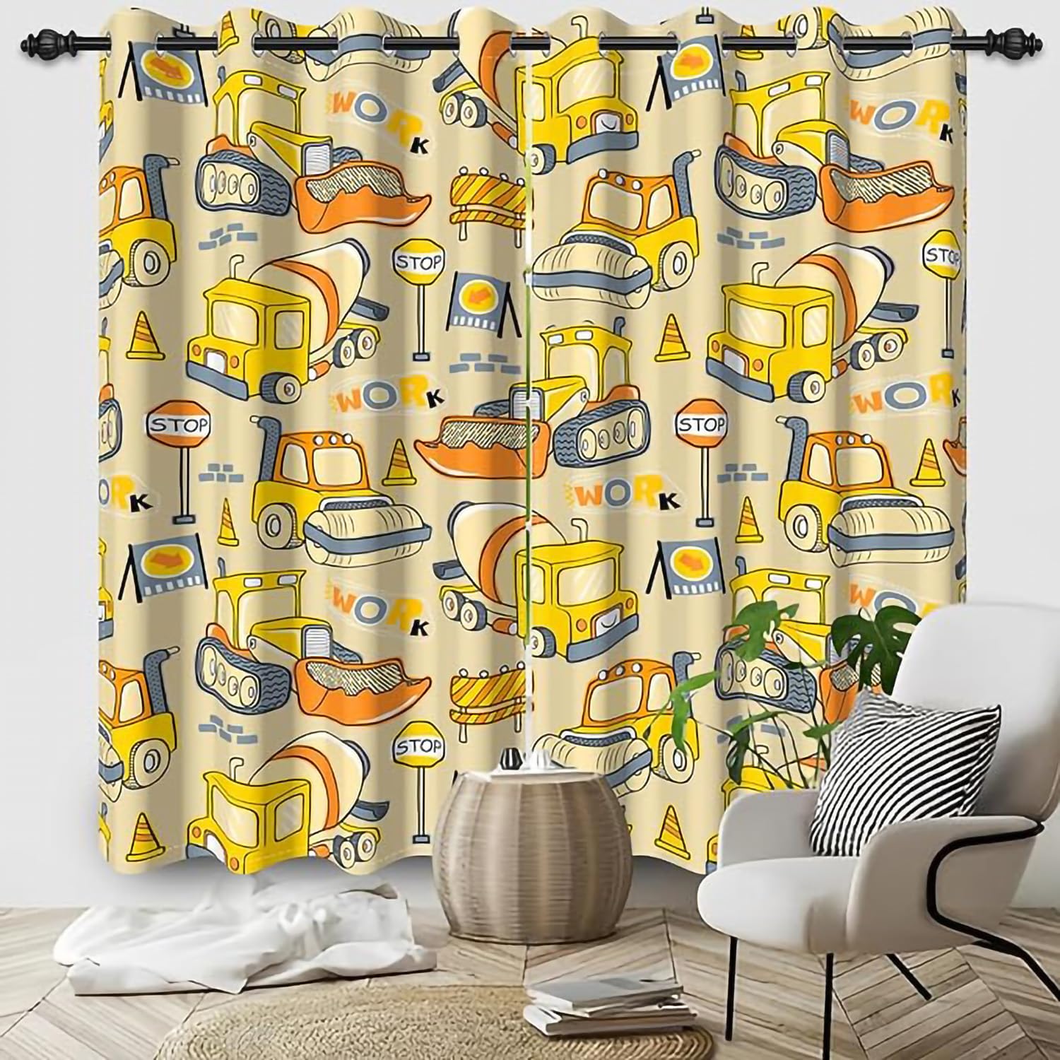 ZZTBQ Excavator Blackout Curtains for Children's Room Engineering Vehicle Print Opaque Curtain Construction Vehicles - Trucks, Diggers & Cranes W 46" x H 54" / 2 Panels Waterproof Fabric, Eyelets