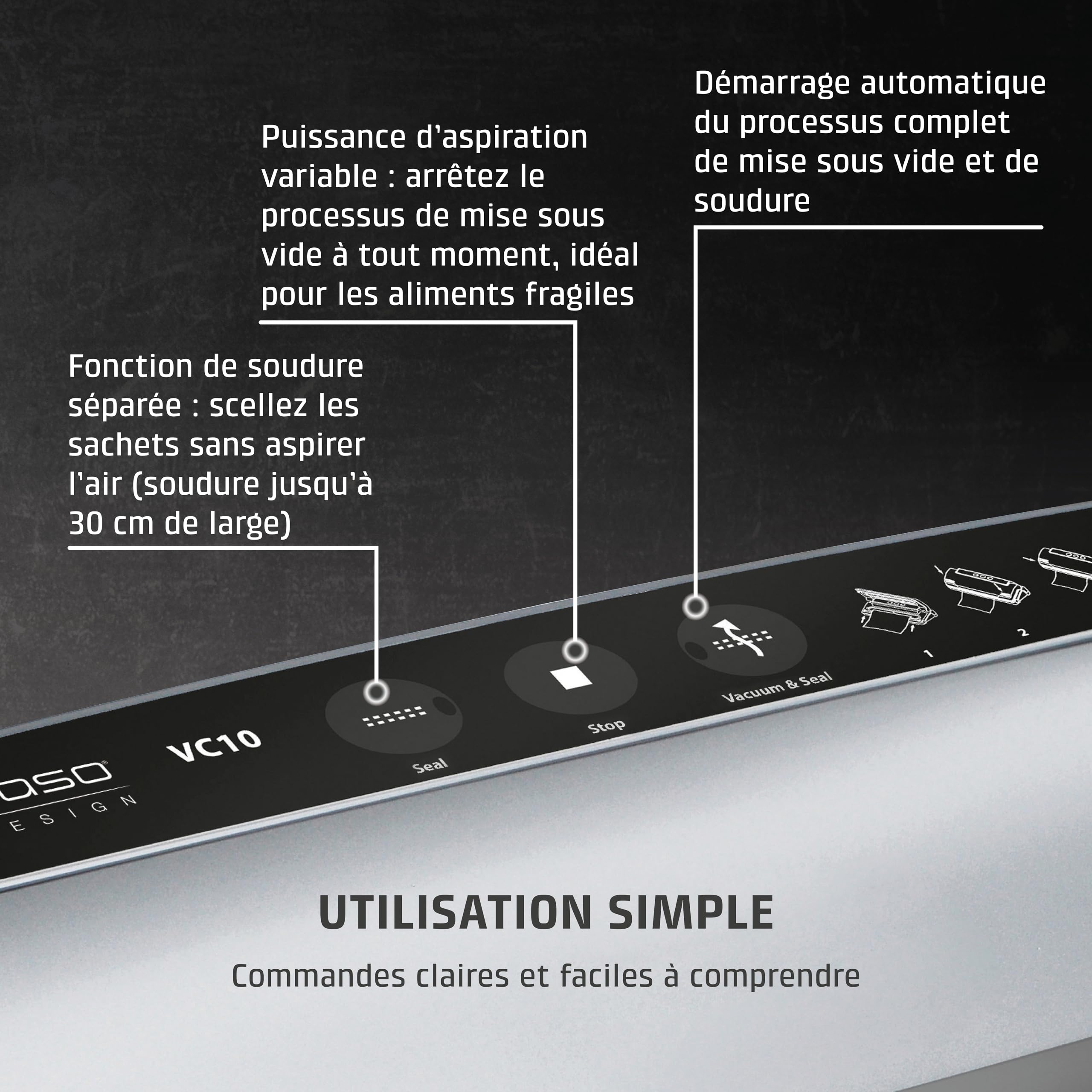 CASO VC 10 - Machine sous vide alimentaire, barre de soudure 30 cm, conserve les aliments jusqu’à 8 fois plus longtemps – coloris argenté