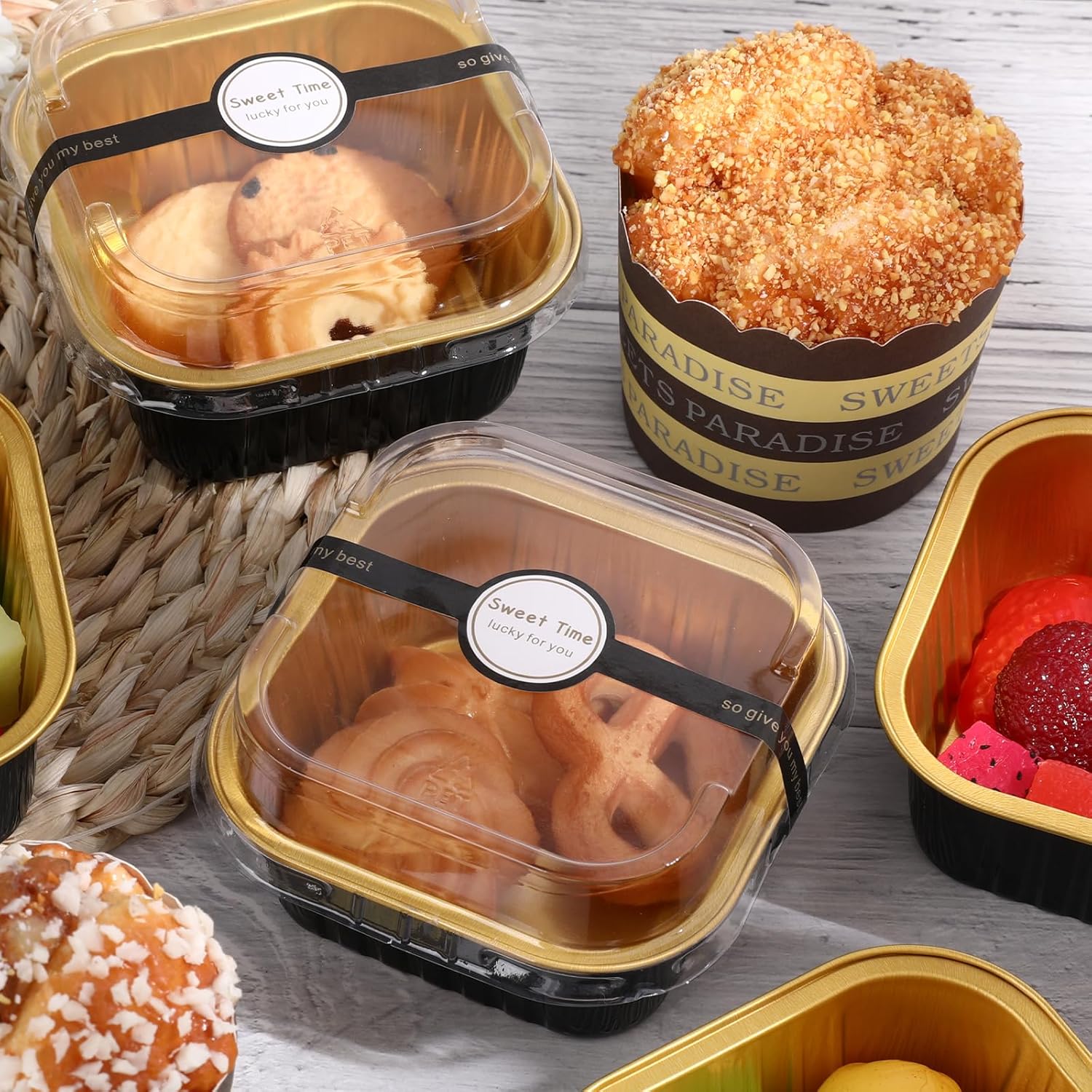 Disposable Ramekins Cupcake Liners for Brownie Pie 100 Pack Mini Cake Pans with Lids,Disposable small cake pans with Lids and Spoons Stickers - Image 2