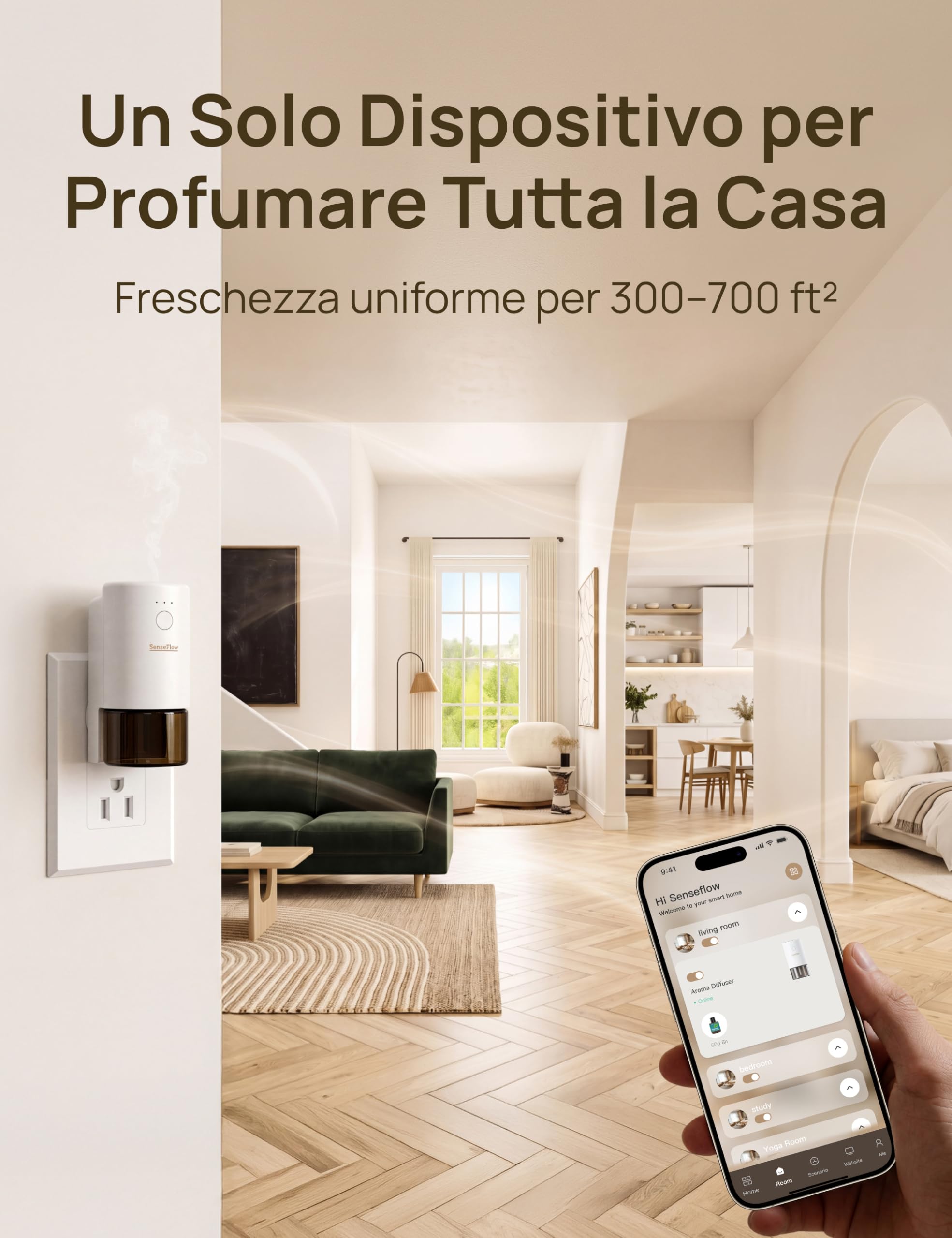 Diffusore di Oli Essenziali Wi-Fi SF101S PRO - Ultrasuoni Senza Acqua Profumatore per Ambienti, 100% Vegetale, Aroma 120 Giorni, LED, Ideale per Casa, Hotel e Studio -Aura di Pesca Stellare