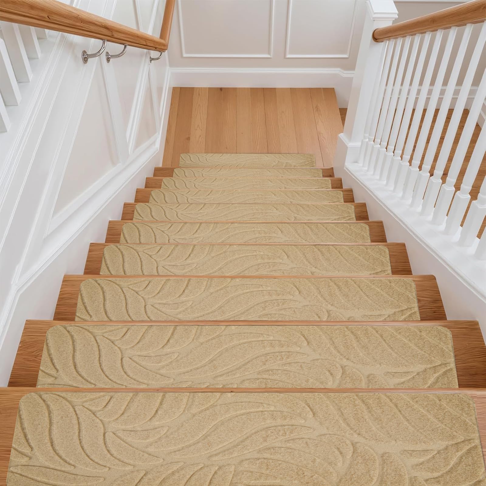 BREEZENEST 15 PCS Self-Adhesive Stair Treads for Carpet Steps - Non-Slip Stair Mats, Fabric Reusable Anti-Slip Stair Pads for Home Pets & Elders (Light Yellow, 55x19cm)