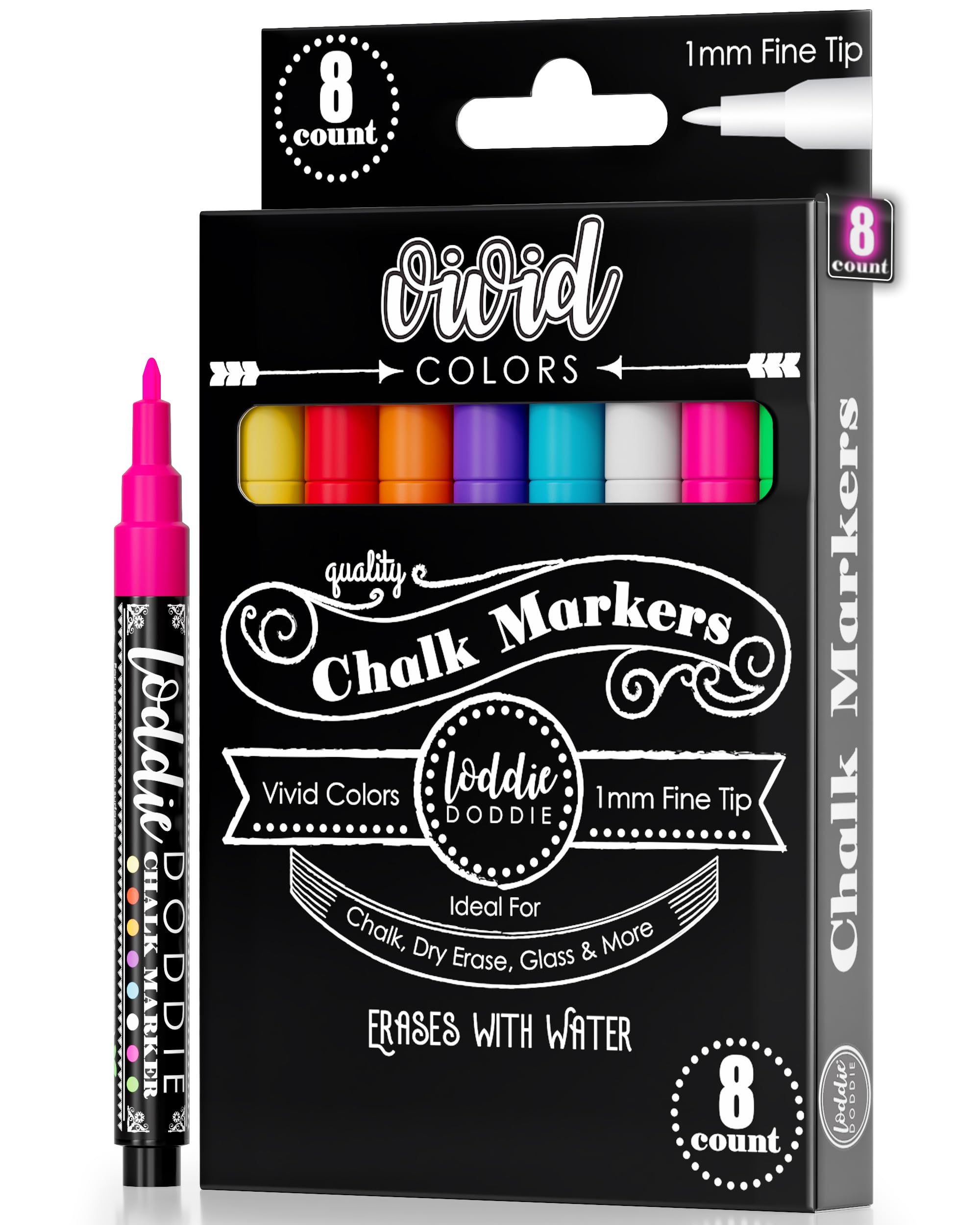 Loddie Doddie Fine Tip Liquid Chalk Markers, Chalk Markers, 8 Pack