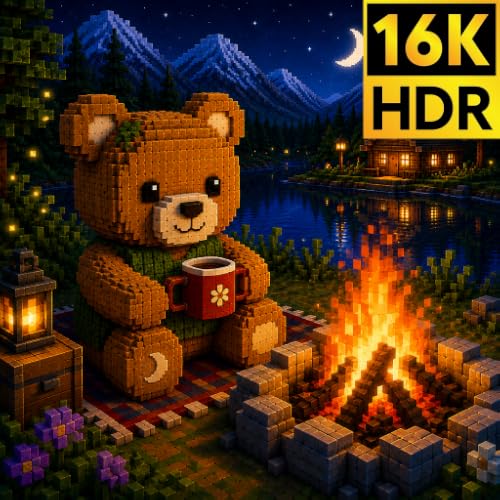 Teddy Bear Cozy Pixel Campfire, Lake, Mountain & Relaxing Music