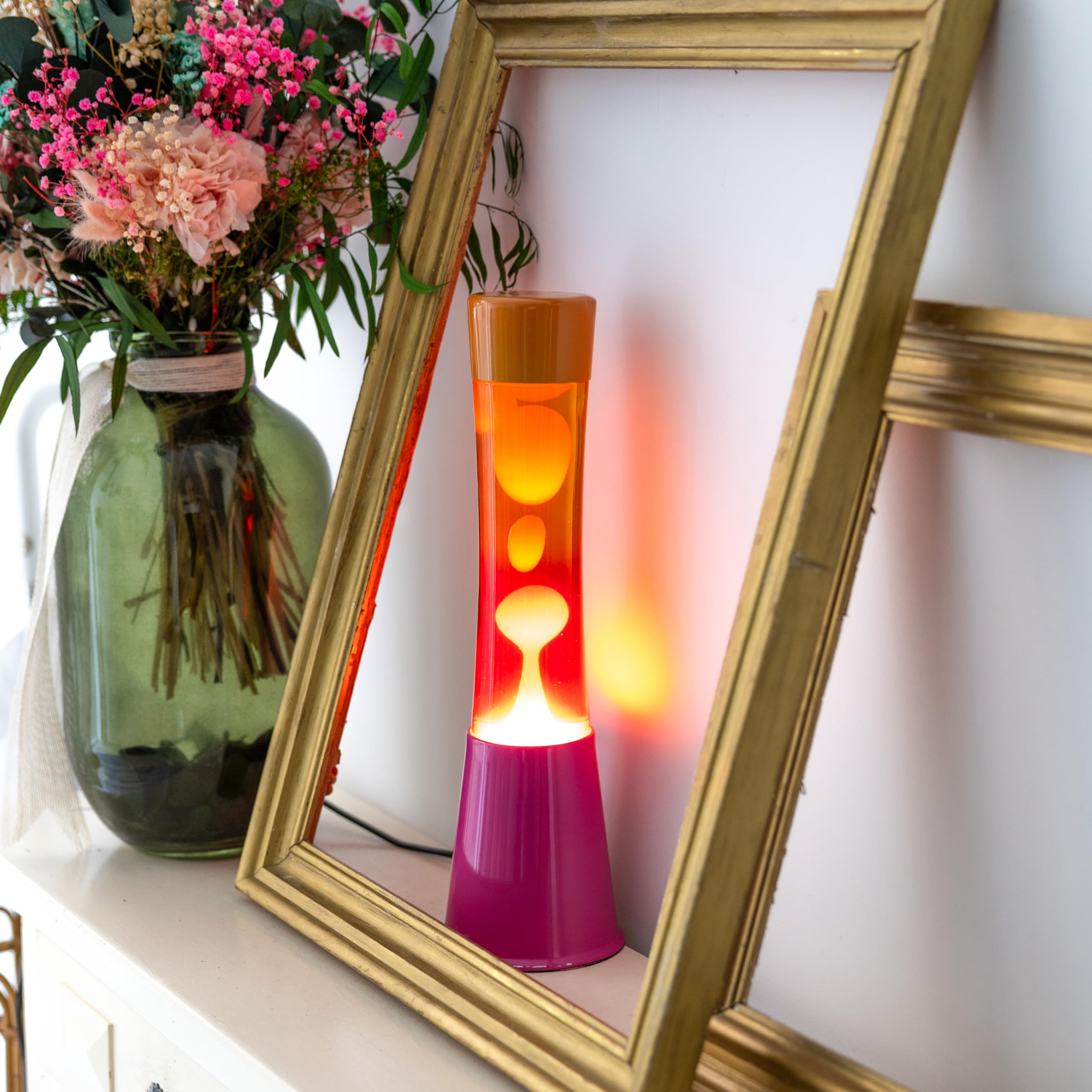 Fisura - Lampa lawowa ombre różowo-pomarańczowa. Podstawa różowa, szkło z efektem ombre i pomarańczowa nakrętka. Lampa o relaksującym efekcie. Z zapasową żarówką. Wymiary: 11 cm x 11 cm x 39,5 cm.