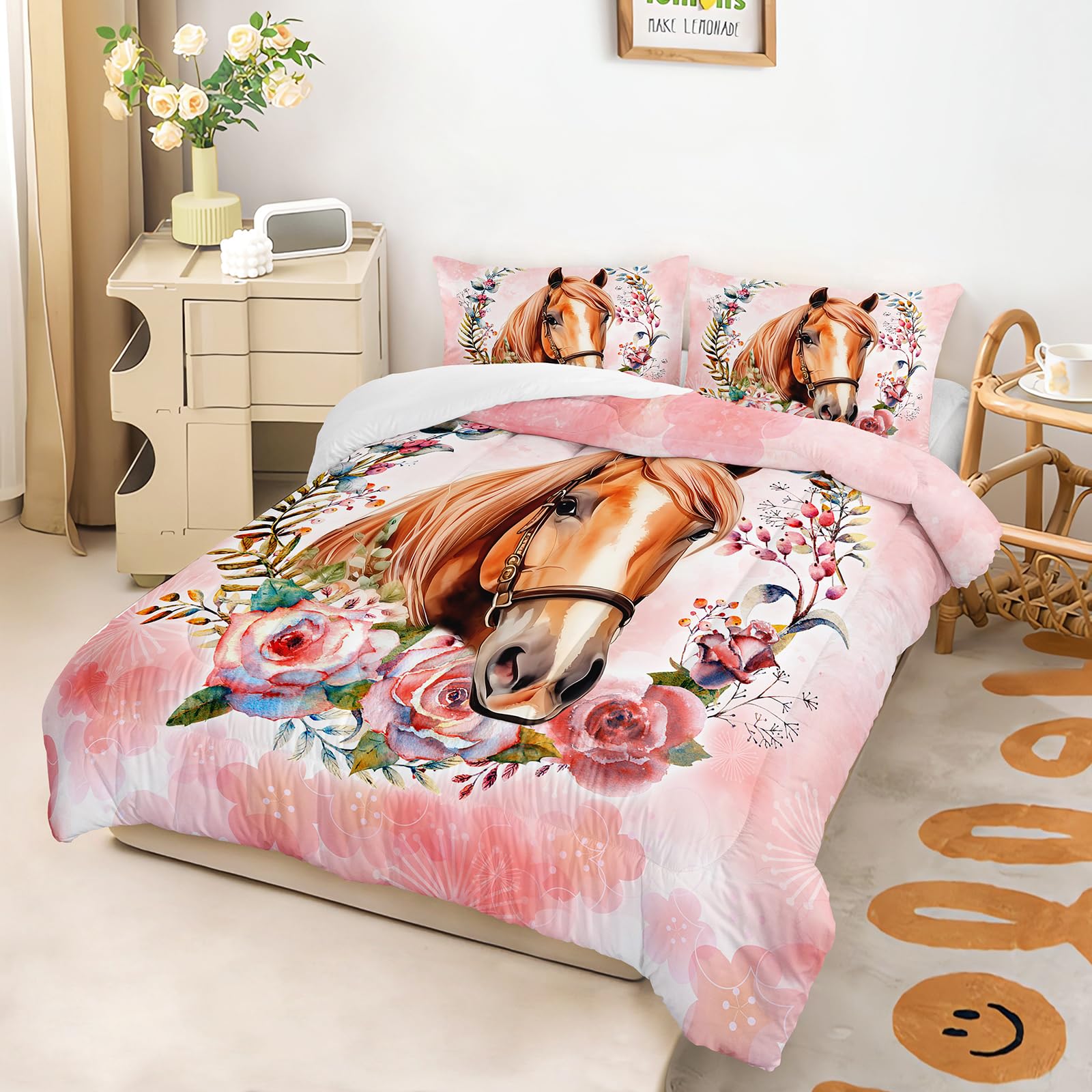 AILONEN Hermoso juego de edredón de caballo, tamaño Queen, juego de cama de caballo con aro floral para niños y niñas, juego de edredón de animales kawaii, cama temática rosa en una bolsa, microfibra