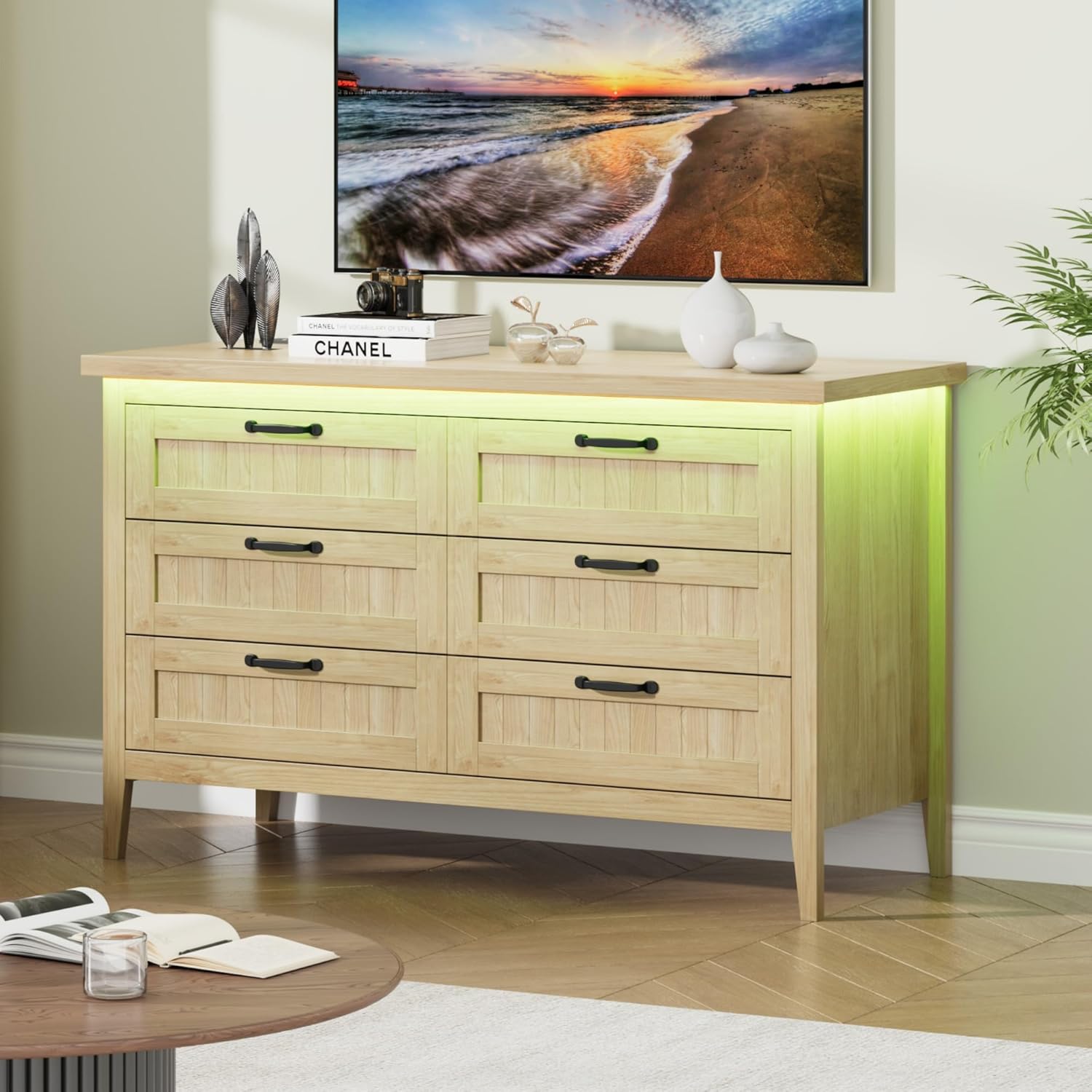 IDEALHOUSE 6 Drawer Dresser with Power Outlet, Natural Dresser with LED Light, Modern Chest of Drawers for Closet, Double Wide Drawer Organizer Cabinet for Bedroom, Living Room