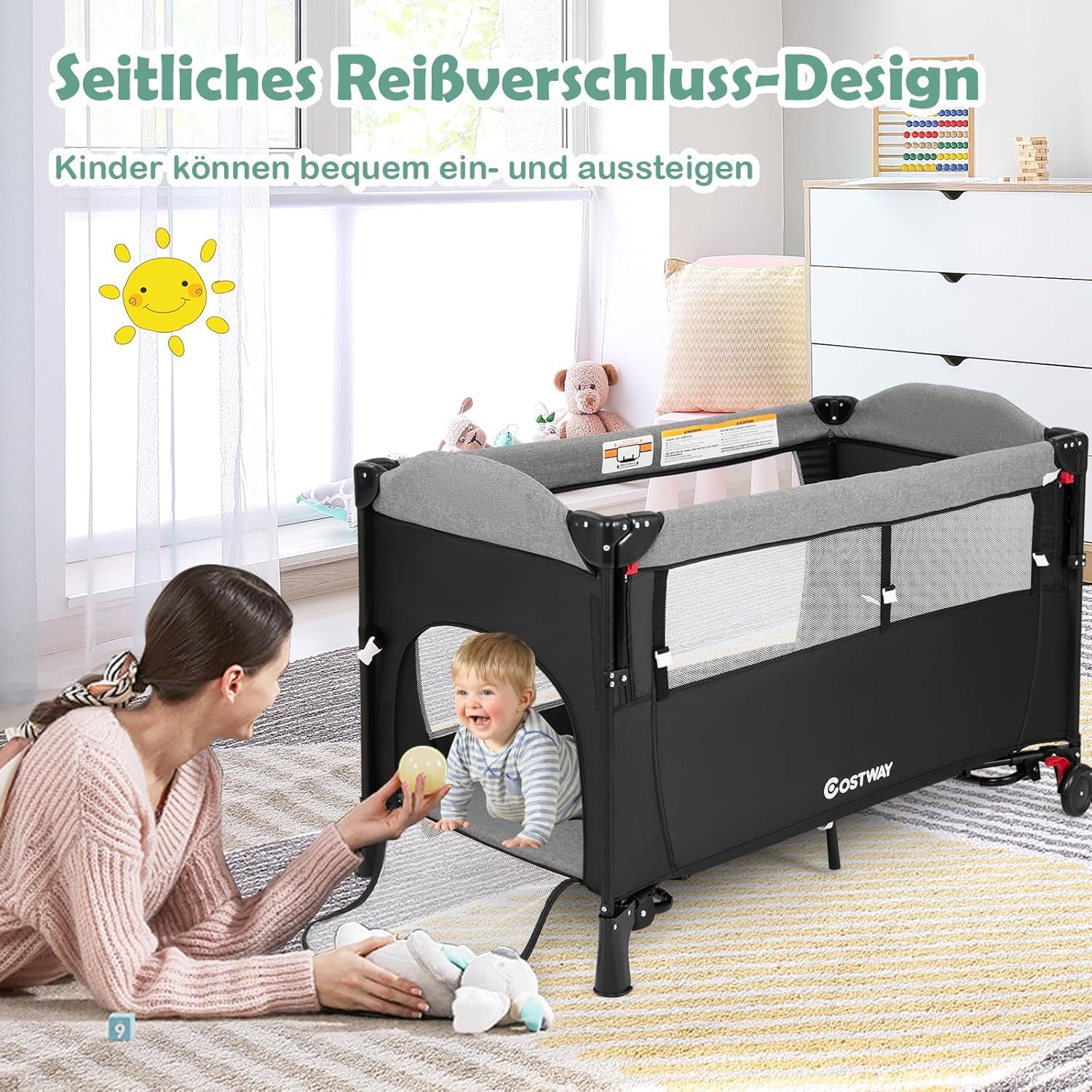 FANTASK 5-in-1 Babybett 120 x 60 cm, faltbares Beistellbett mobil 4-stufig verstellbar für Baby bis 15 kg