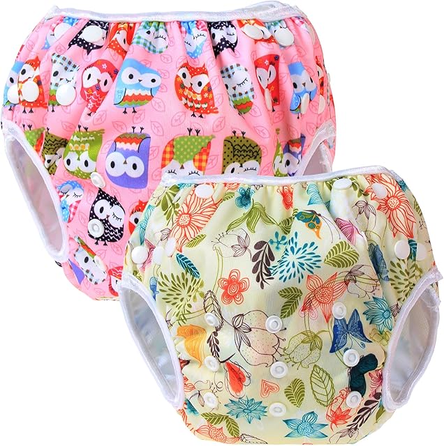 Teamoy Reusable Swim Nappy(2 Packs) for Baby Boys& Girls, Comfortable, Washable and Adjustable, Ideal for Swimming Lessons/Holiday, Jungle+ Owls Pink