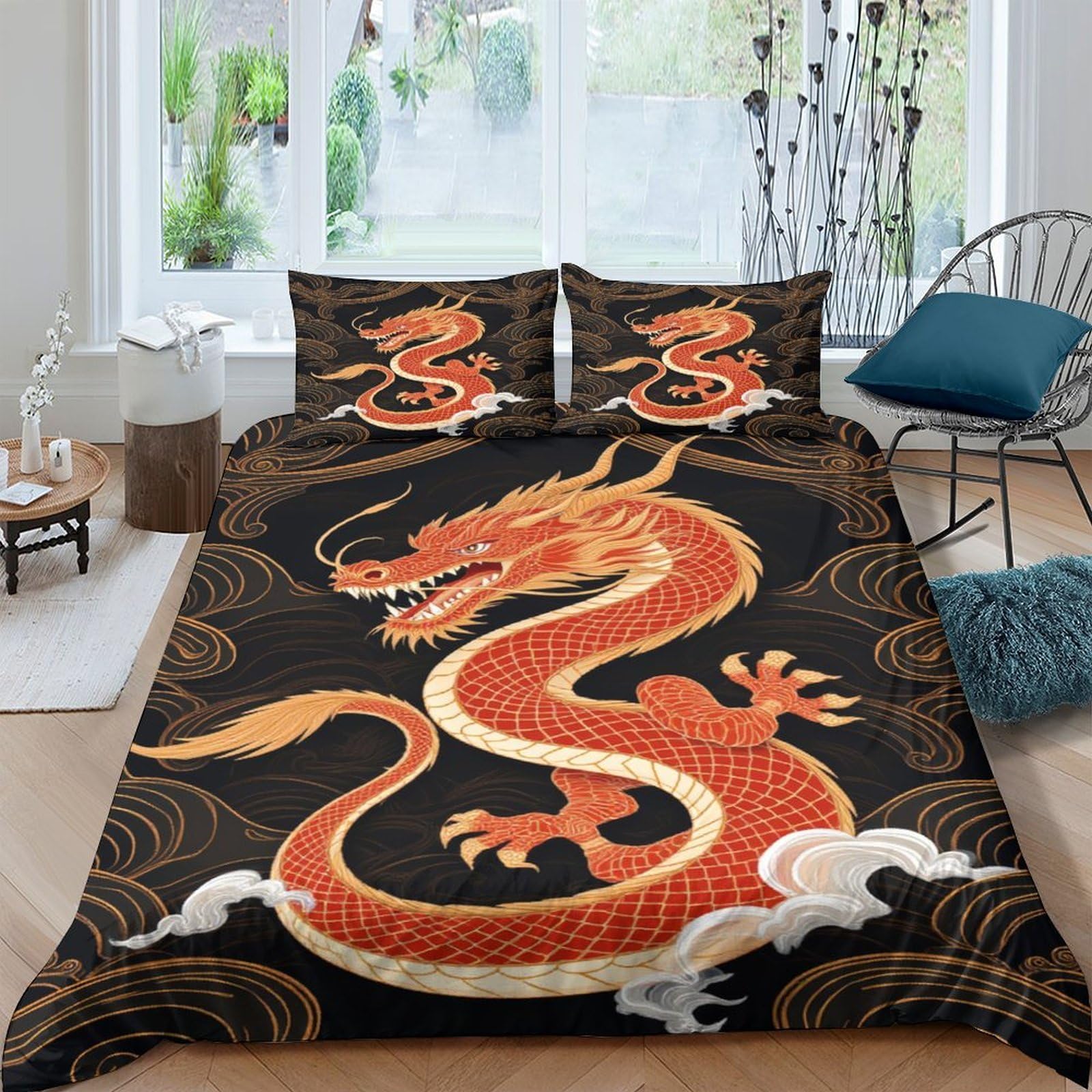 TUFRTGYHN 3D Printed Red Dragon Duvet Cover Microfiber Soft Breathable Oriental Pattern Bedding Set with 2 Pillowcases for Bedroom Home Decor Single（135x200cm）