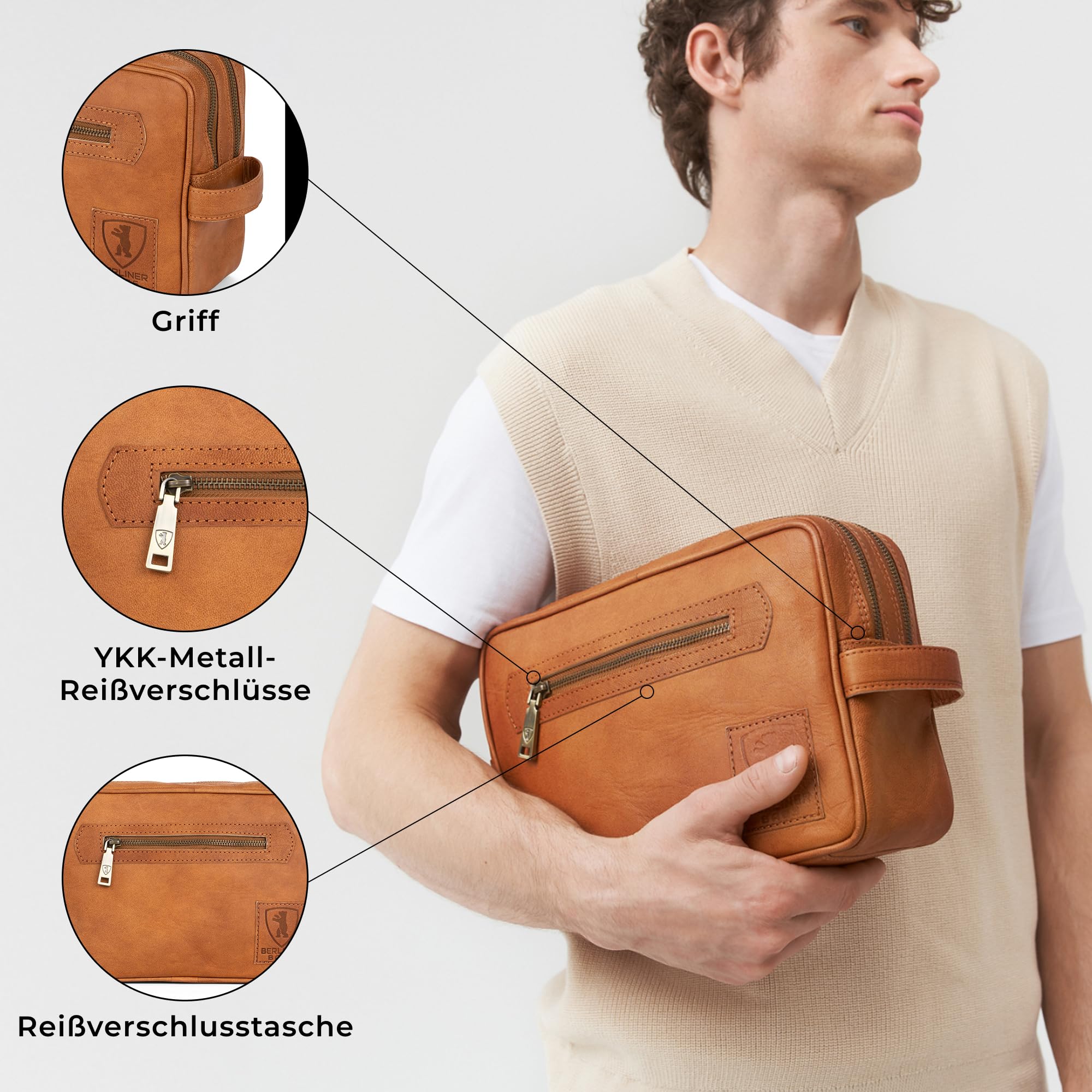 Berliner Bags Vintage Kulturbeutel Paul aus Leder, Kulturtasche für Damen und Herren für Reisen - Braun