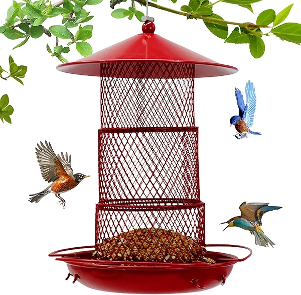 Metal Bird Feeder for Outdoors Hanging, 4.5Lb Large Capacity Wild Bird Freeder,Red Wrought Iron Feeder - Unique Housewarming for Birds Lovers,Outdoor Garden Decor,Easy to Clean & Fill