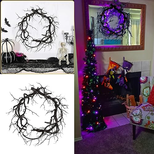 Miniatura 7 de Regalos de corona de Halloween, decoración de Halloween, corona negra con luces, coronas de otoño de Halloween para puerta delantera, corona de