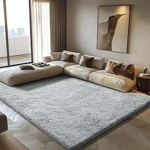 Ultra Soft Fluffy Area Rugs for Bedroom Living Room 10x14, Nursery Rug, Non-Slip Carpet for Kids Dorms Decor, Shaggy Bedside Rug, Light Grey
