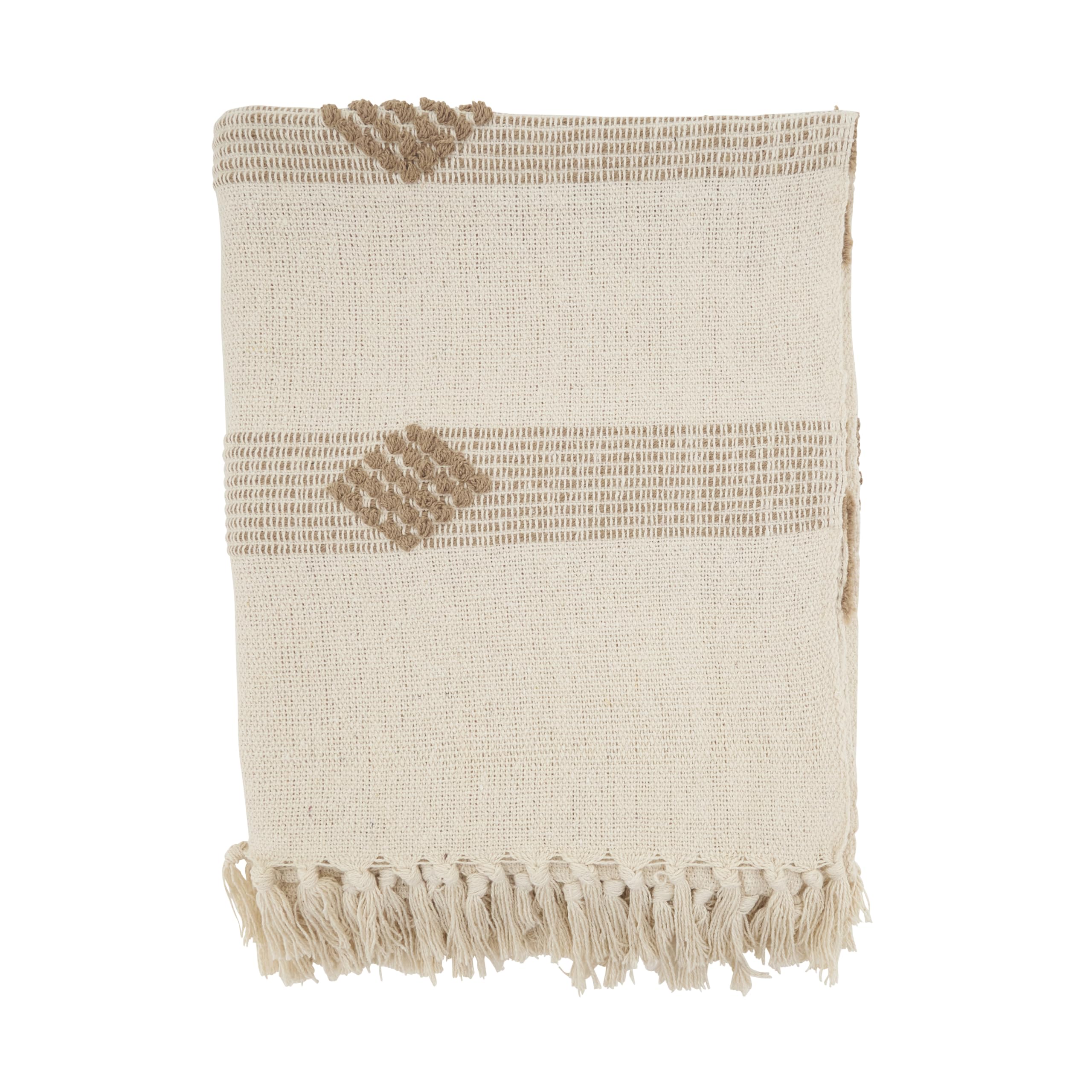 SARO LIFESTYLE Textured Fringe Throw Blanket - Woven Decorative Throw Blanket for Sofa, Bed, Couch, and Cozy Everyday Home Décor, 50"x60", Natural
