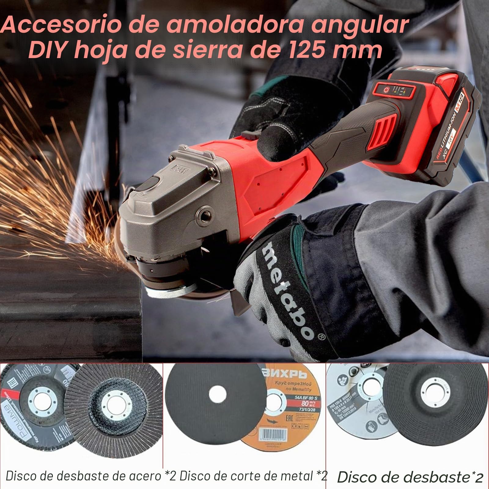 Amoladora Angular Kamanan con Batería para Milwaukee de 18 V, Diámetro de Disco 125 mm, 8000 rpm, Profundidad de Corte, Herramienta de Lijado Sin Escobillas, Incluye 6 Discos de Lijado, Sin Batería
