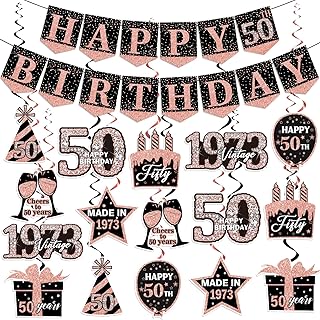 50th Birthday Decorations for Women, Pink and Black 1973 Birthday Party Decorations Include Happy 50th Birthday Banner and Hanging Swirls, Happy 50th Bday Party Decor for Women