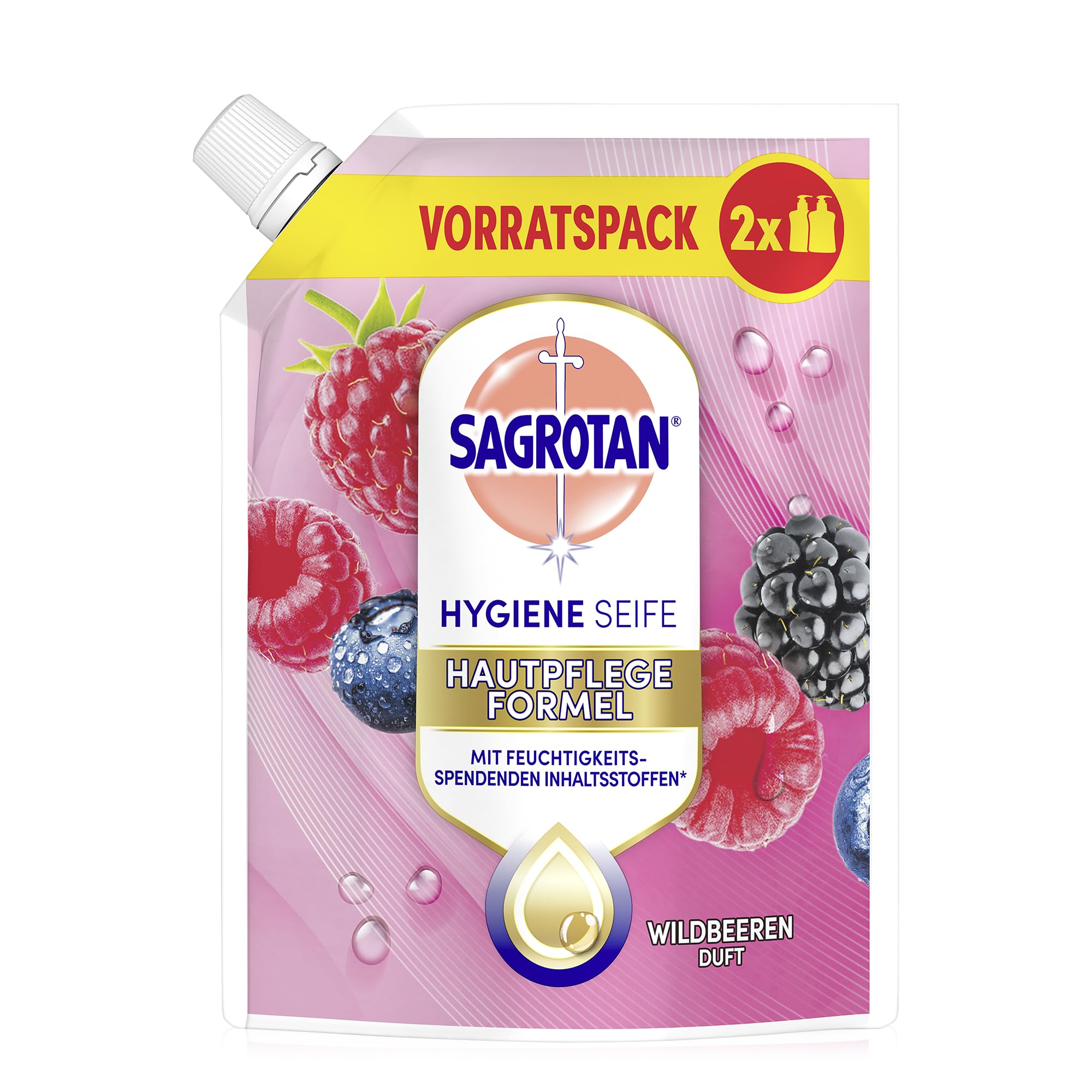 Sagrotan Handseife Nachfüller Brombeere und Waldfrüchte – Feuchtigkeitsspendend und stark gegen Bakterien – 6 x 500 ml Handseife