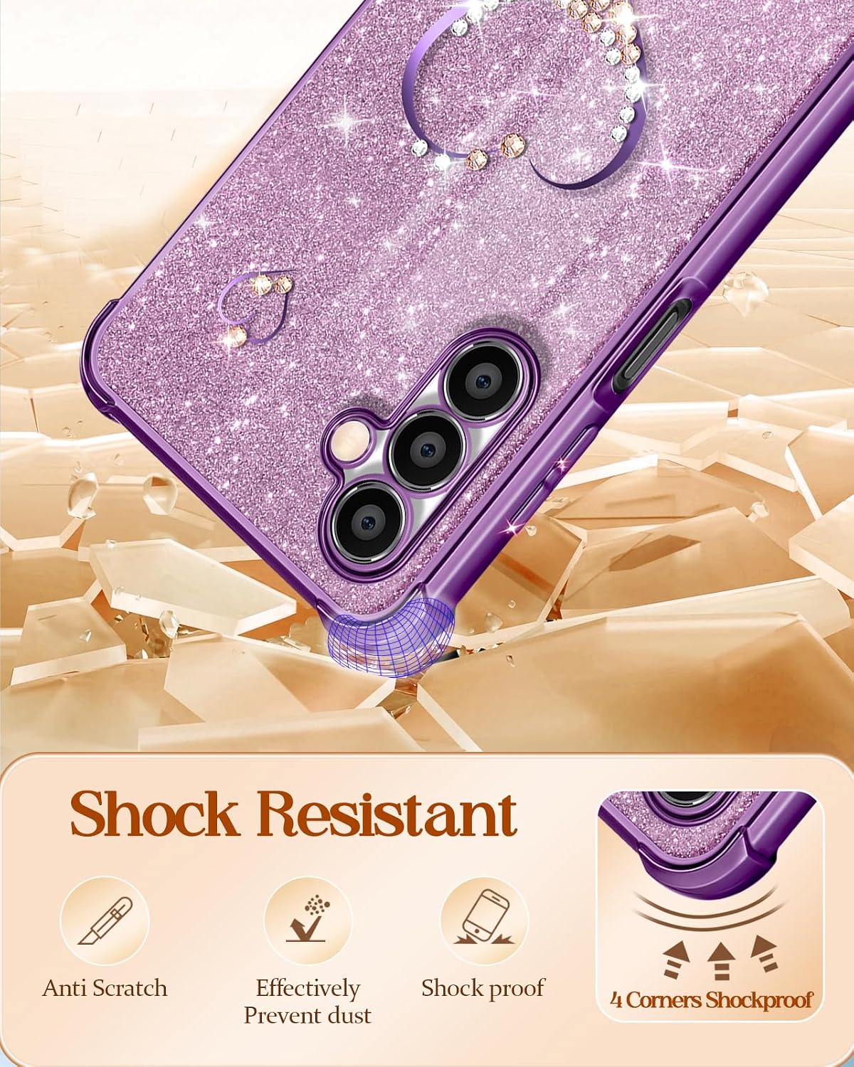 Petitian for Samsung Galaxy A15 5G Phone Case Women Girls Girly A15 5G Cases Cover Glitter Bling Sparkle Diamond Purple with Luxury Elegant Heart Design Cute Telephone Case 6.5" image 5