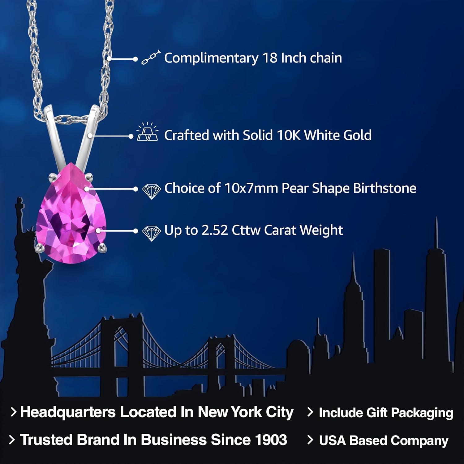 Gem Stone King 10K White Gold Customized and Personalized Pear Shape 10X7MM Gemstone Birthstone Pendant Necklace For Women With 18 Inch Chain - Image 2