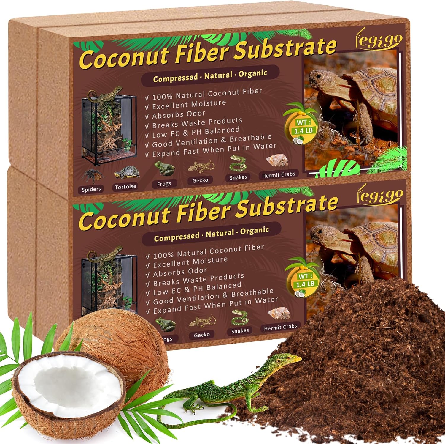 Legigo 8 Pack Compressed Coconut Fiber Substrate - 100% Organic Coconut Fiber Brick Bedding for Reptiles, Natural Coco Husk Substrate Terrarium Bedding for Snake, Hermit Crabs, Frogs, Tortoise, Gecko