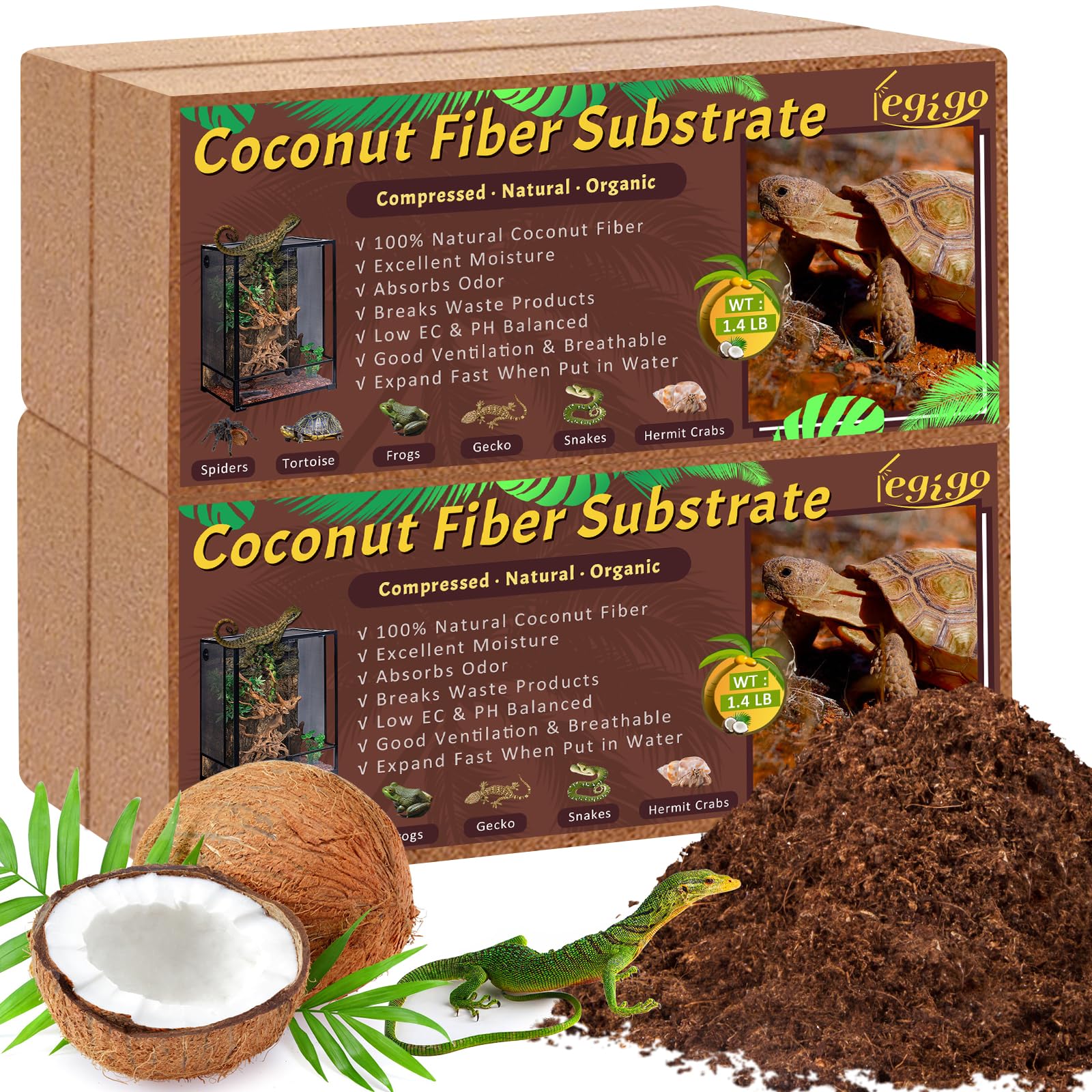 Legigo 4 Pack Compressed Coconut Fiber Substrate - 100% Organic Coconut Fiber Brick Bedding for Reptiles, Natural Coco Husk Substrate Terrarium Bedding for Snake, Hermit Crabs, Frogs, Tortoise, Gecko