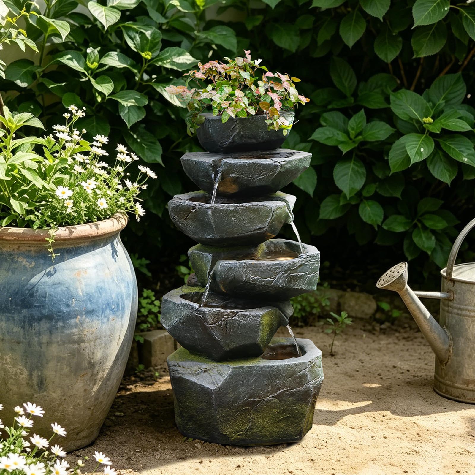 Sunlinua Gartenbrunnen aus Kunstharz in Steinoptik mit LED-Wasserfall-Design, geeignet für Terrasse, Balkon, Garten und Eingangsbereich, 34L × 22B × 70H cm | Grau