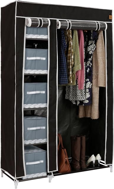 VonHaus Double Fabric Canvas Wardrobe  Temporary Clothes Storage Organiser With 6 Shelves & Hanging Rail  Black Clothes Storage Unit
