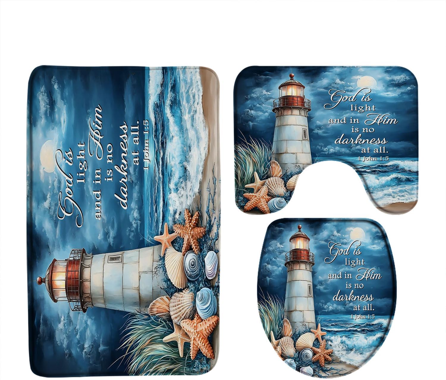 3 Pcs Beach Lighthouse Bath Rugs Set,Coastal Seashell Starfish Blue Ocean Moon Inspirational Quotes Nautical Kitchen Rug with 24"x36" Bath Mat+U-Shaped Toilet Rug+Toilet Seat Cover