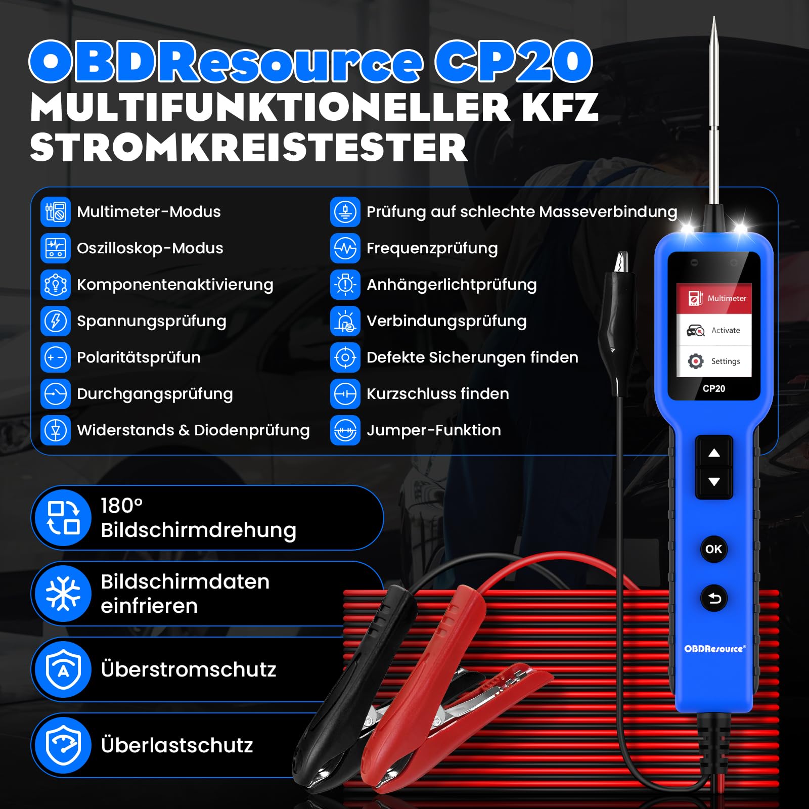 OBDResource Tester di tensione auto Circuit Tester, 6 V-24 V DC tester di tensione per auto con campione di corrente, schermo digitale per la prova della batteria dell'auto, continuità/messa a