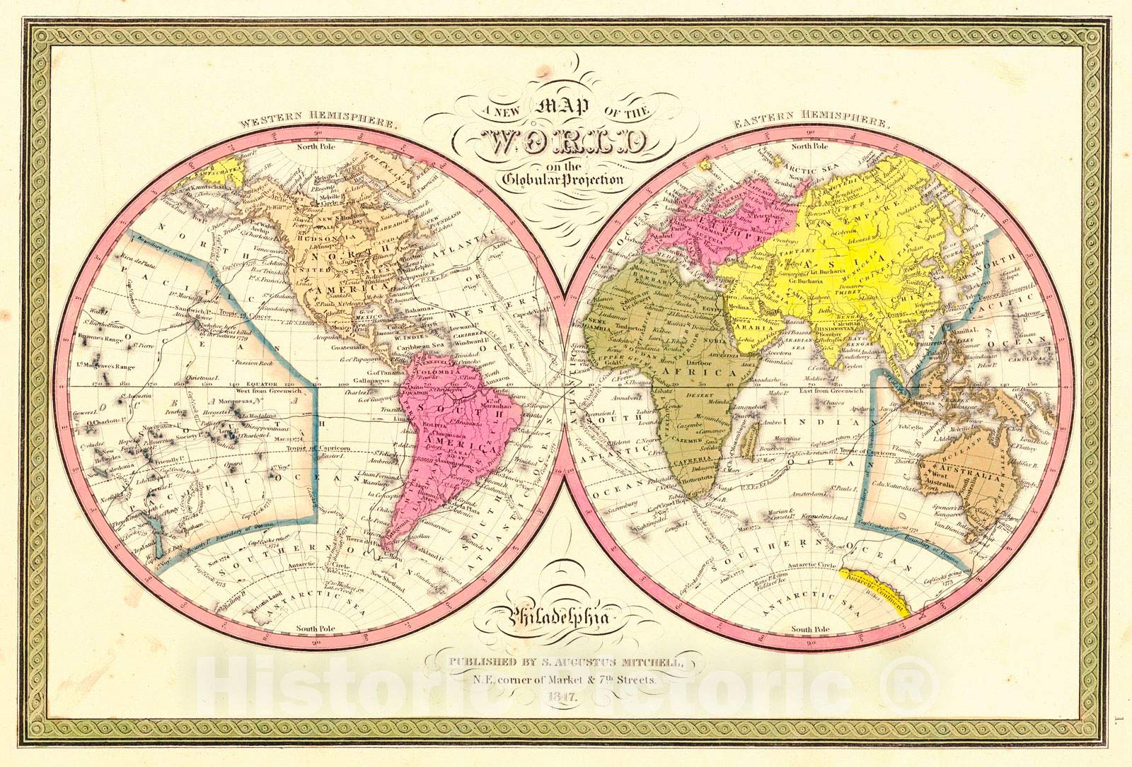 Amazon.com: Historic Map - 1847 A New Map of The World on The