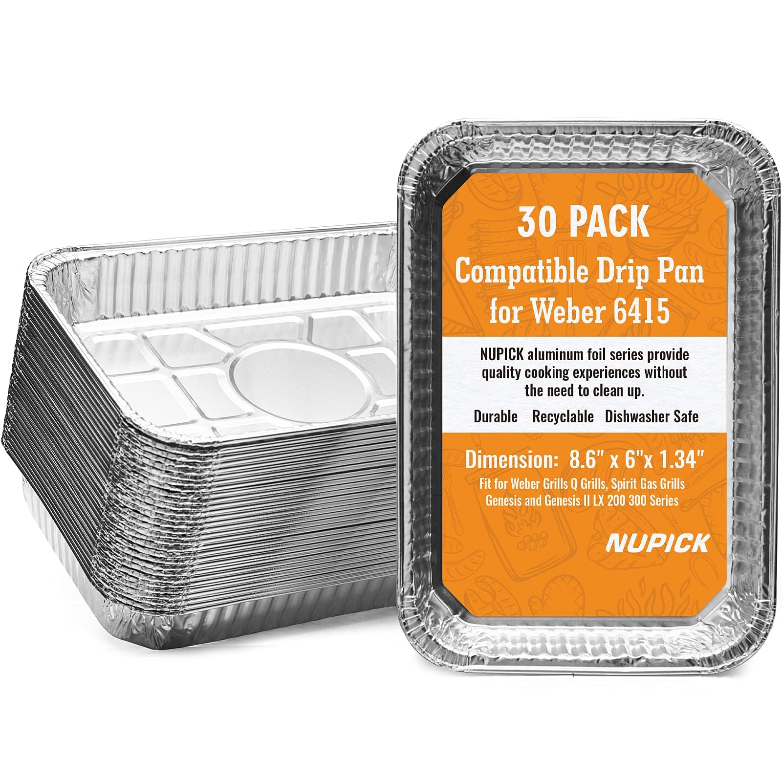 NUPICK 30 Pack Grill Drip Pans Compatible for Weber, 6415 Grill Accessories for Weber Spirit, Genesis, Traveler, Q Series - Grill Grease Pan Liners - Disposable Aluminum Foil Grease Trays - 8.5" X 6"