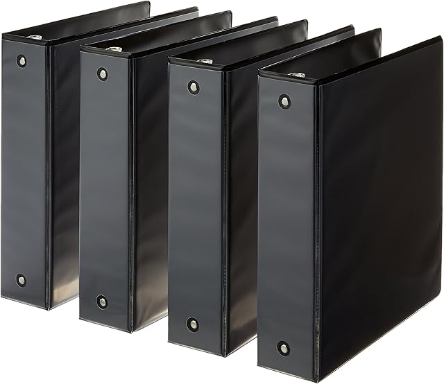 Amazon Basics 3-Ring Binder, 2 Inch - Black, 4-Pack