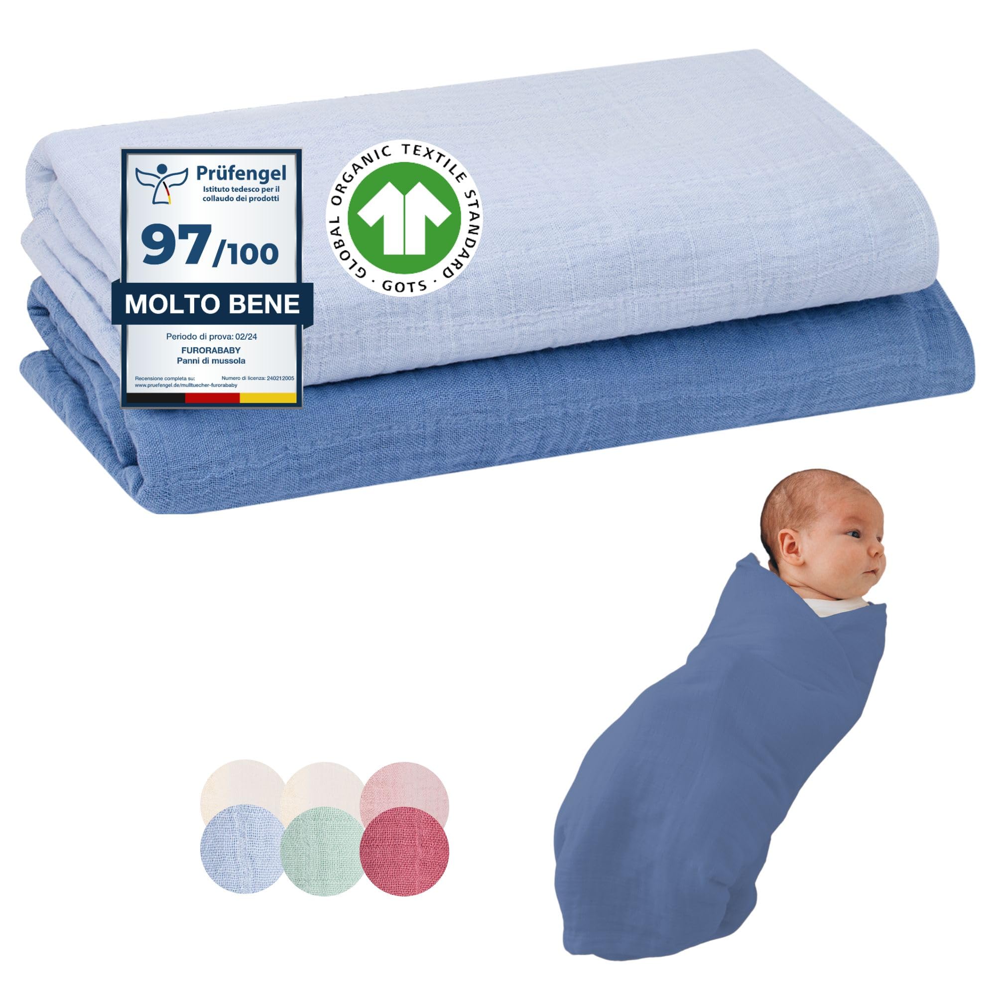 Furora BABY Oeko-TEX, morbida mussola di cotone biologico, 120 x 120 cm, XXL, 100 panni di garza per bambini, assorbenti e lavabili a 60 gradi, pannolini di stoffa, grandi panni per sputare (Ocean)