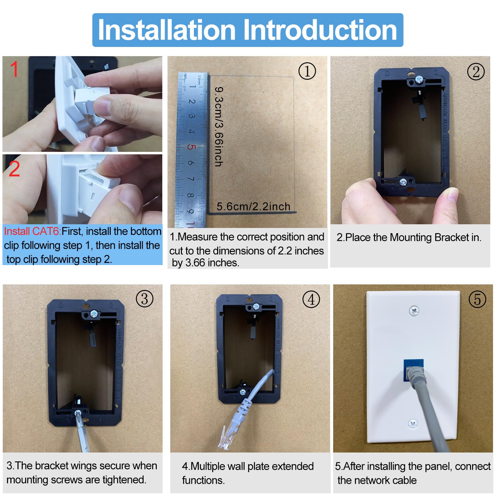 Lot de 5 prises murales Ethernet Cat6 RJ45 Keystone Jack cadeaux réseau bleu 1 port 2 coupleur en ligne couvercle de boîte avec support de montage basse tension panneaux d'interconnexion Internet