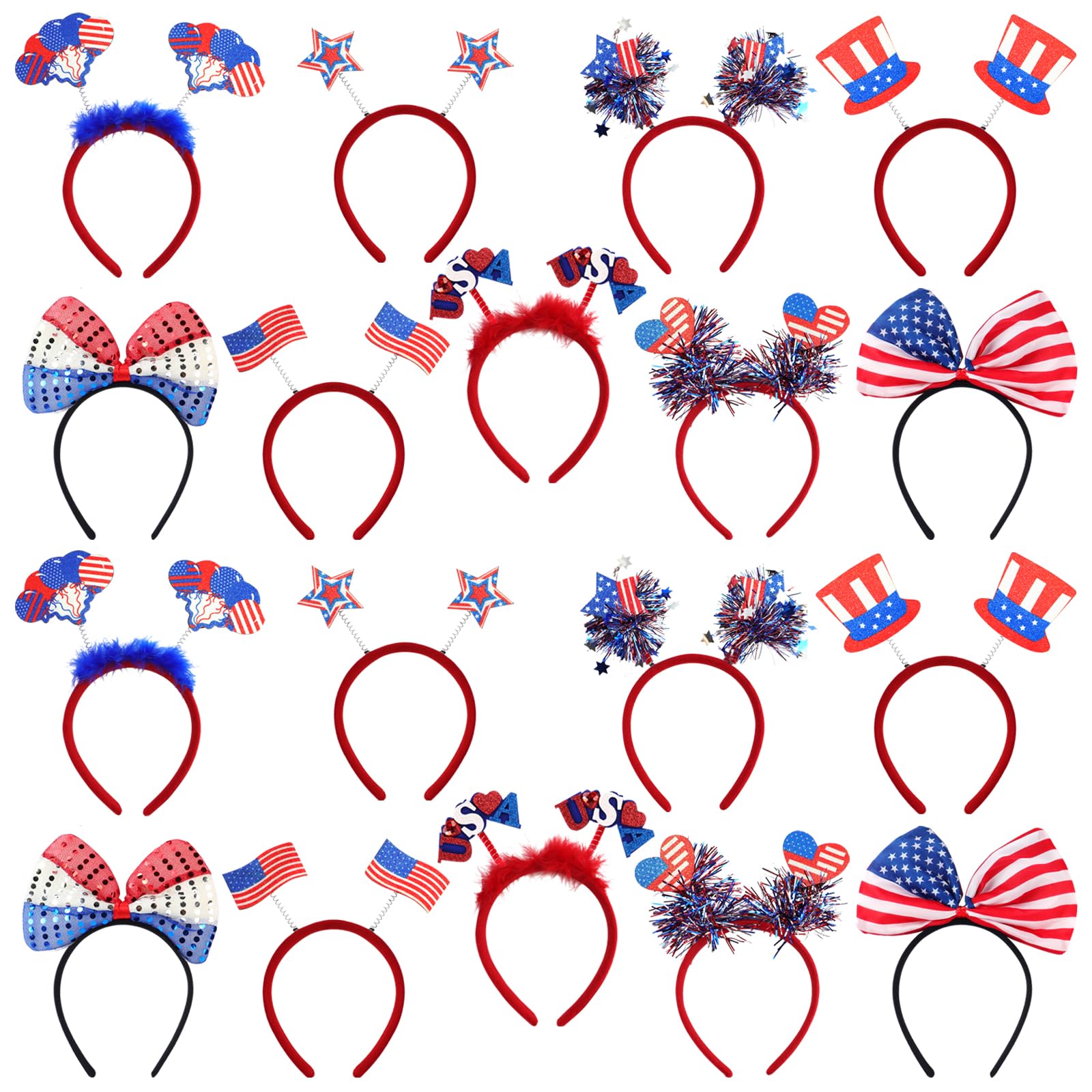 Fudragtn 18PCS 4th of July Headbands for Women US Independence Day, Patriotic Star Heart Glitter Bow Headbands, Photo Props, Suitable for Independence