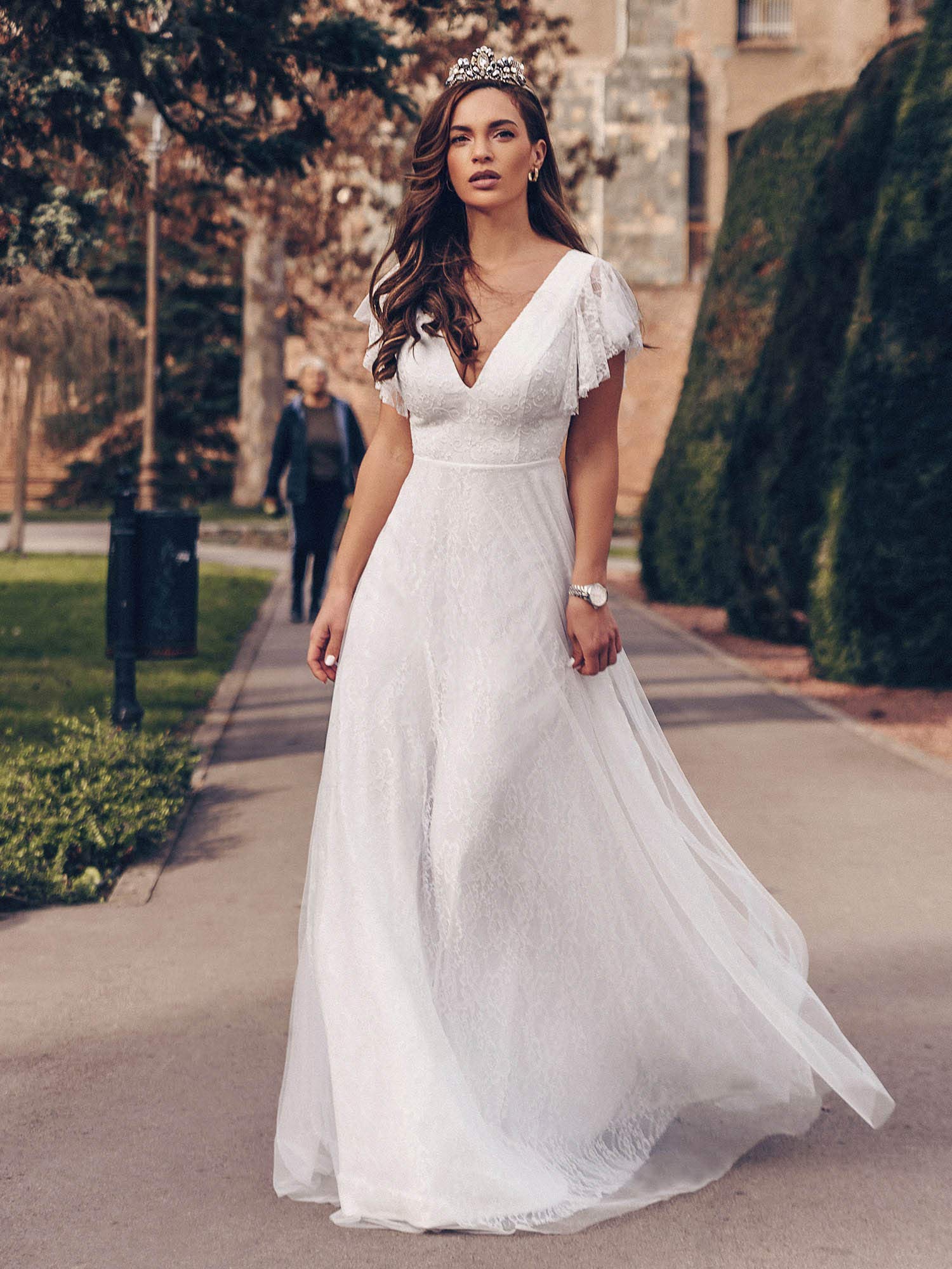 Ever-Pretty Encaje Tul Vestido de Fiesta A-línea Cuello en V Manga Corta Corte Imperio para Mujer 00857
