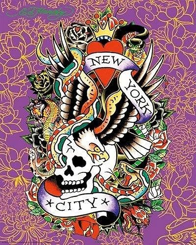 Buyartforless Ed Hardy New York City - Póster de tatuaje (7.7 x 6.1in), diseño de calavera con águila y rosas contra violeta