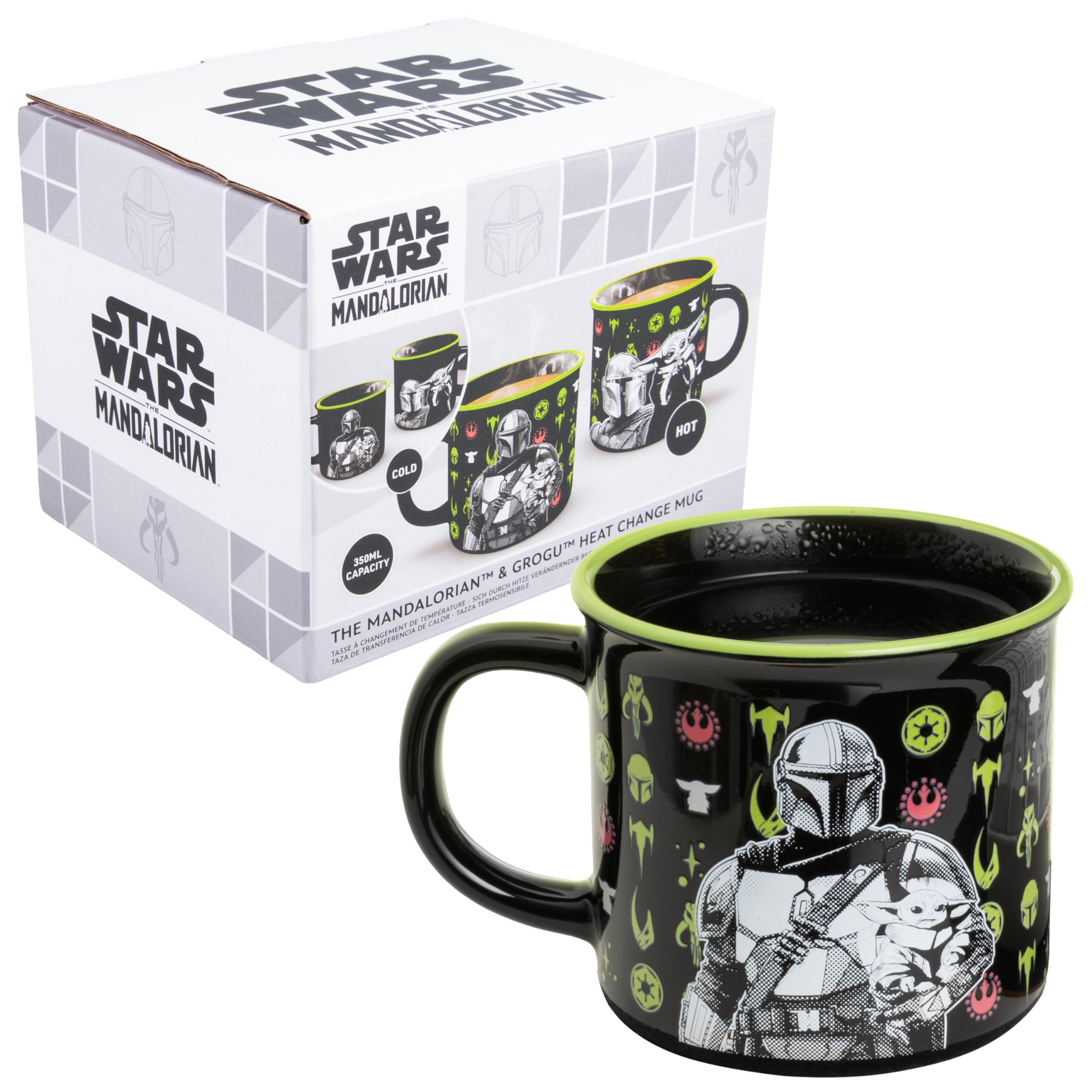 Paladone Star Wars The Mandalorian and Grogu Heat Change Mug, 350ml Ceramic, Heat‑Reactive Symbols, Officially Licensed