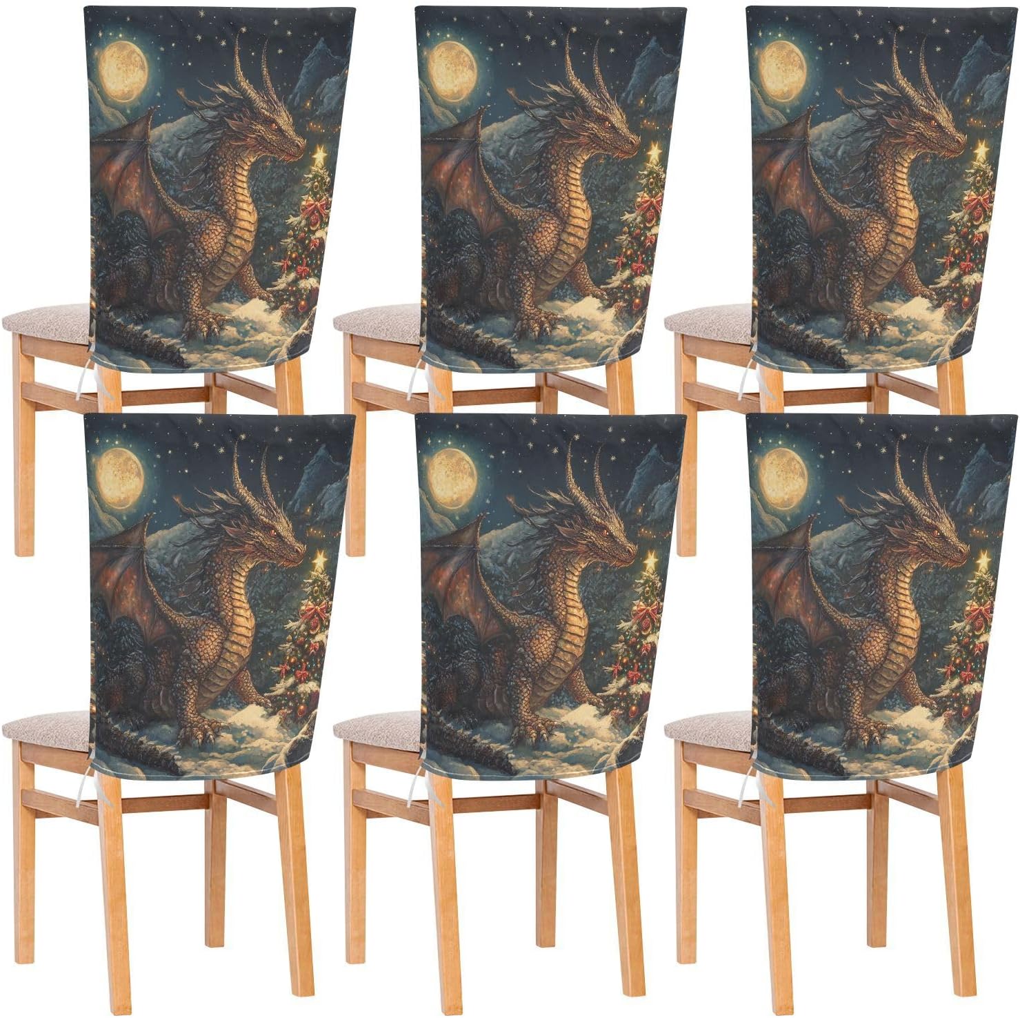 ALAZA Dragon at Christmas Night Chair Back Cover Set of 6, Washable Reusable Removable Chair Slipcovers Decorative Chair Cover for Home Kitchen Wedding Party