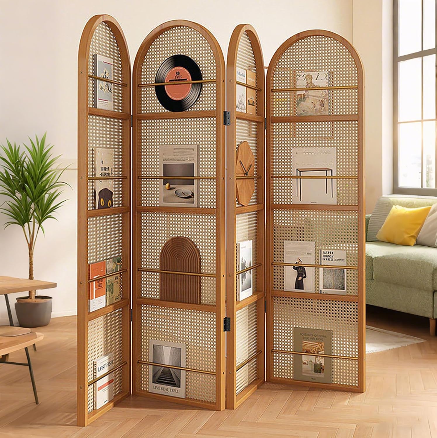 Rattan Room Divider 2/3/4 Panel Portable Partition with Built-in Bookshelf, 67" Foldable Privacy Screen for Room Separation Bedroom Home Office(Brown,2 Panel)