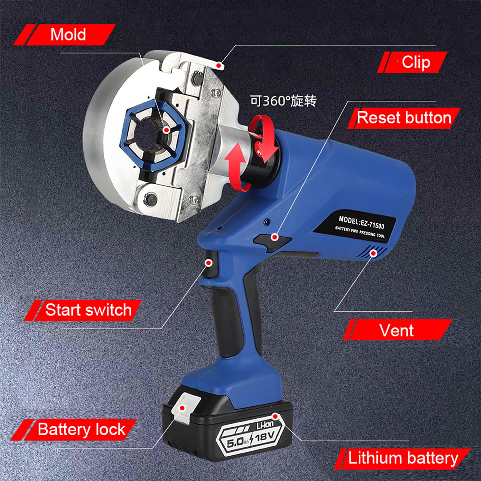 Pince à sertir hydraulique sans Fil avec 7 Matrices, Outil de sertissage Portable pour réparation tuyaux climatisation/Voiture, Plage de sertissage 3/8-7/8, Batterie 18V 5Ah