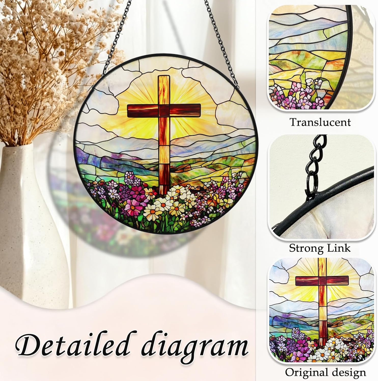 8 Inch Stained Glass Cross Suncatcher, Christian Window Hanging - Religious Easter Home Decor Gift